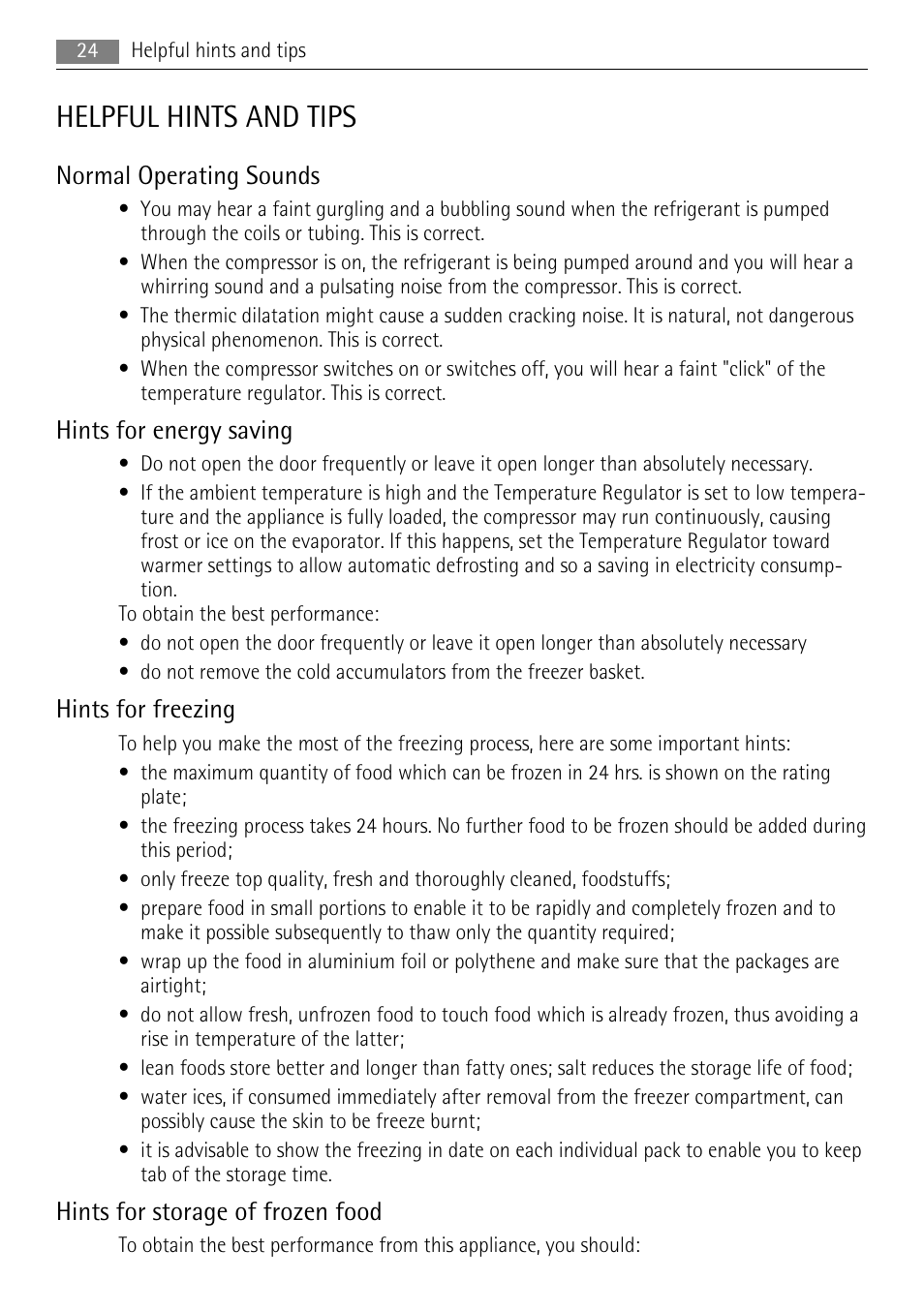 Helpful hints and tips, Normal operating sounds, Hints for energy saving | Hints for freezing, Hints for storage of frozen food | AEG A51700GSW0 User Manual | Page 24 / 64