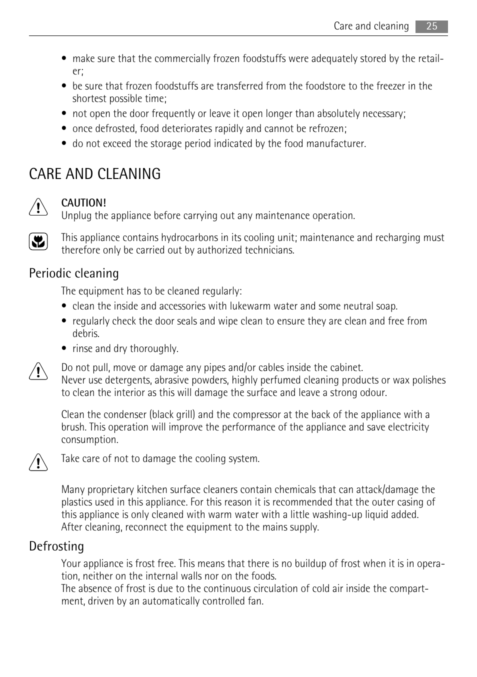 Care and cleaning, Periodic cleaning, Defrosting | AEG A51700GSW0 User Manual | Page 25 / 64