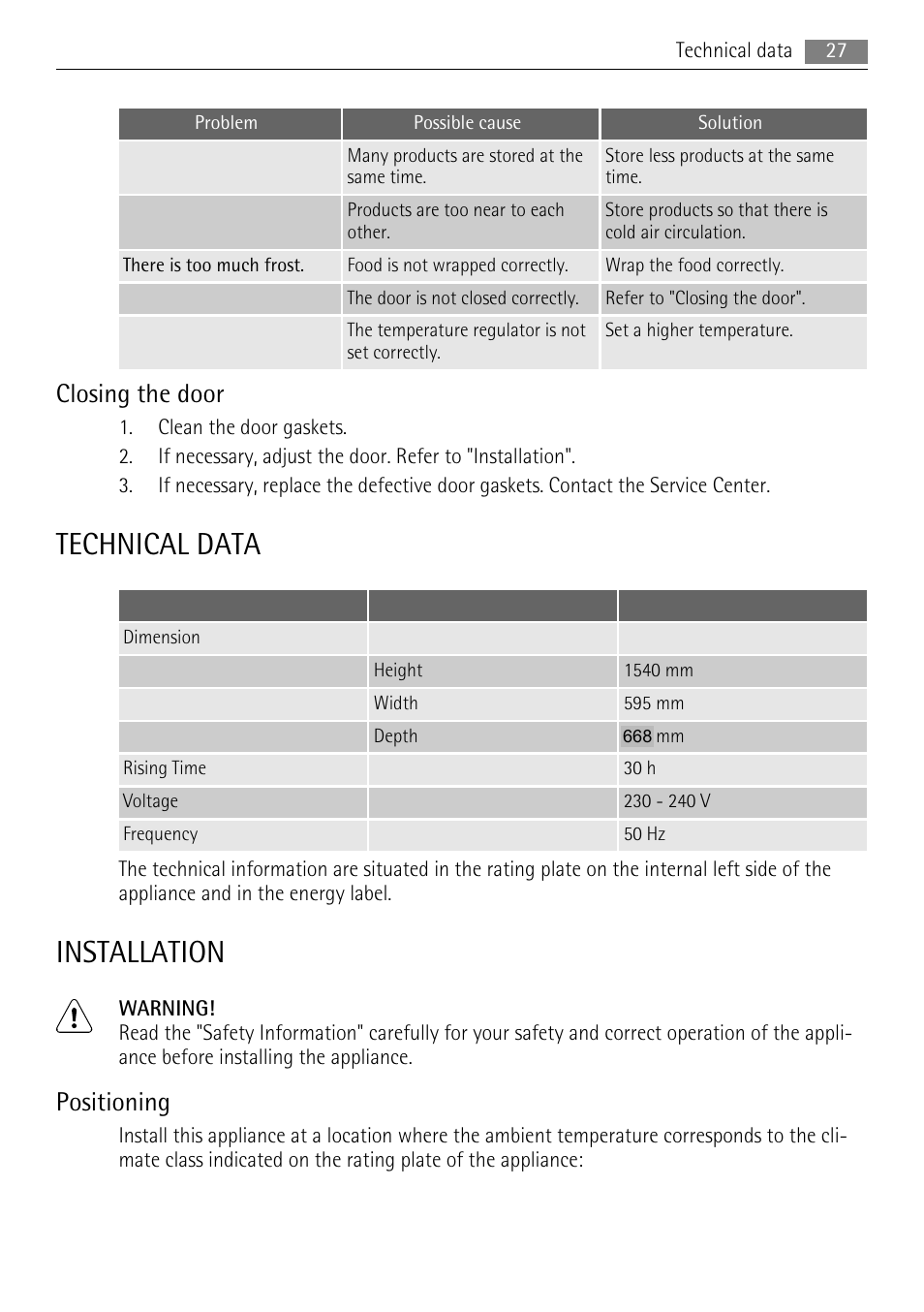 Technical data, Installation, Closing the door | Positioning | AEG A51700GSW0 User Manual | Page 27 / 64