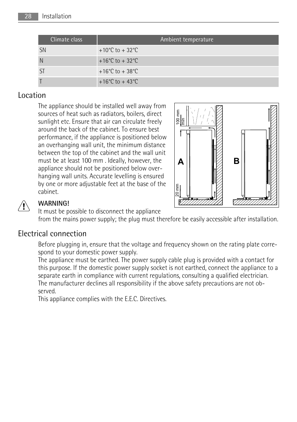 Location, Electrical connection | AEG A51700GSW0 User Manual | Page 28 / 64