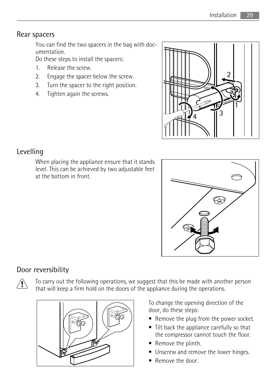 Rear spacers, Levelling, Door reversibility | AEG A51700GSW0 User Manual | Page 29 / 64