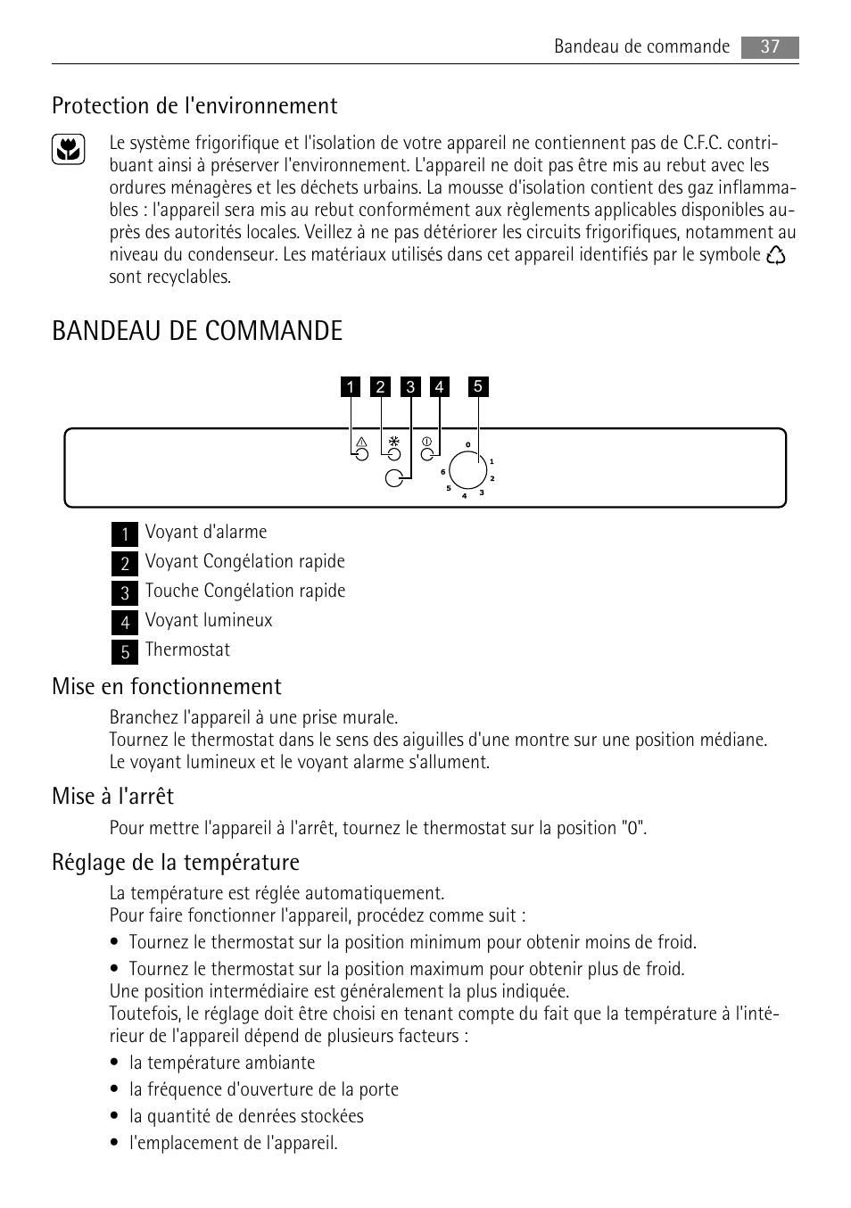 Bandeau de commande, Protection de l'environnement, Mise en fonctionnement | Mise à l'arrêt, Réglage de la température | AEG A51700GSW0 User Manual | Page 37 / 64