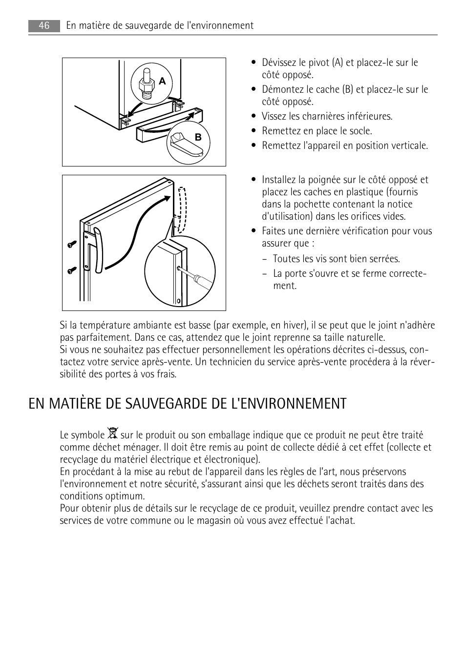 En matière de sauvegarde de l'environnement | AEG A51700GSW0 User Manual | Page 46 / 64