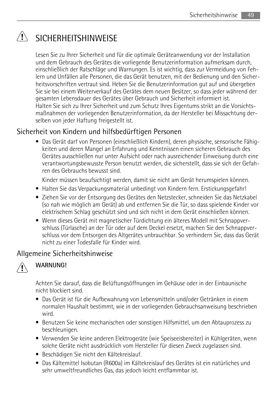 Sicherheitshinweise, Allgemeine sicherheitshinweise | AEG A51700GSW0 User Manual | Page 49 / 64