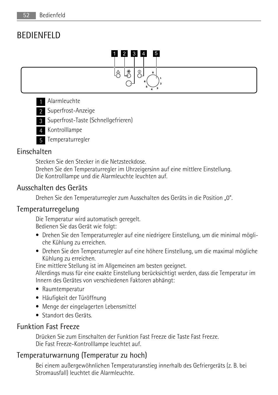 Bedienfeld, Einschalten, Ausschalten des geräts | Temperaturregelung, Funktion fast freeze, Temperaturwarnung (temperatur zu hoch) | AEG A51700GSW0 User Manual | Page 52 / 64