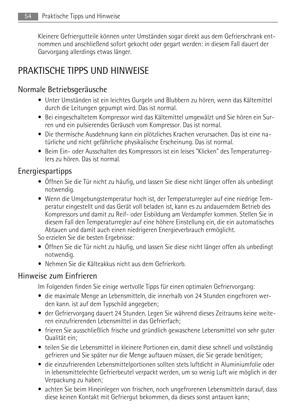 Praktische tipps und hinweise, Normale betriebsgeräusche, Energiespartipps | Hinweise zum einfrieren | AEG A51700GSW0 User Manual | Page 54 / 64