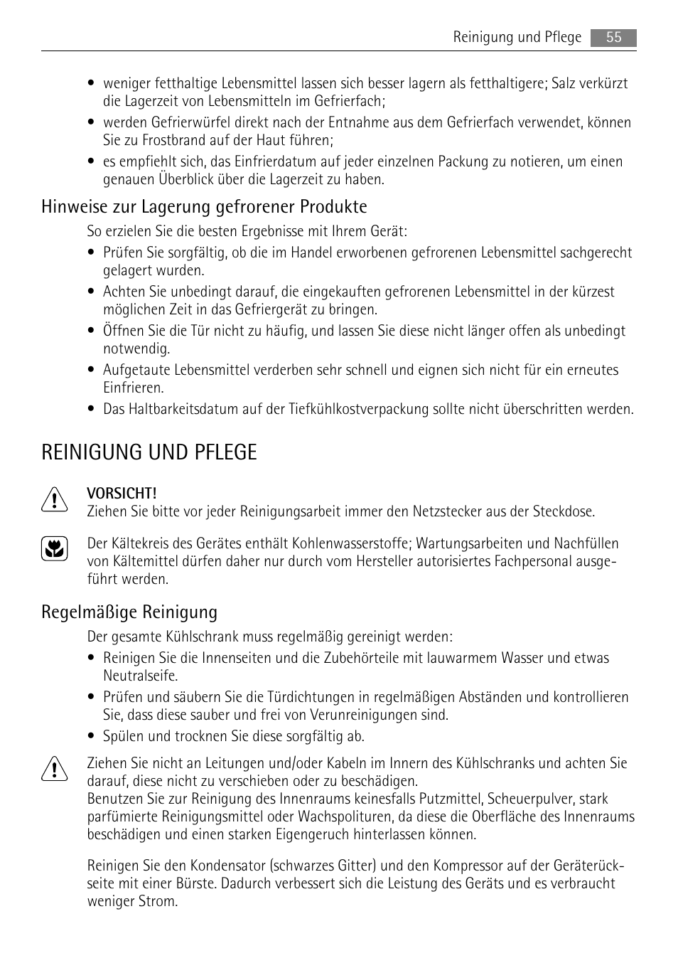 Reinigung und pflege, Hinweise zur lagerung gefrorener produkte, Regelmäßige reinigung | AEG A51700GSW0 User Manual | Page 55 / 64