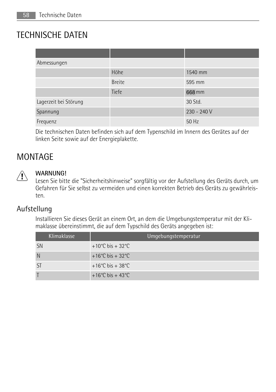 Technische daten, Montage, Aufstellung | AEG A51700GSW0 User Manual | Page 58 / 64