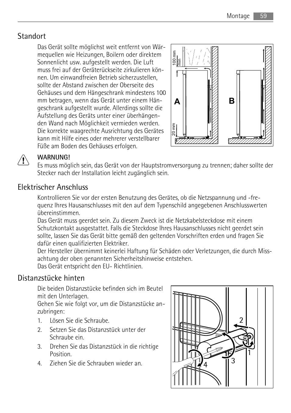 Standort, Elektrischer anschluss, Distanzstücke hinten | AEG A51700GSW0 User Manual | Page 59 / 64