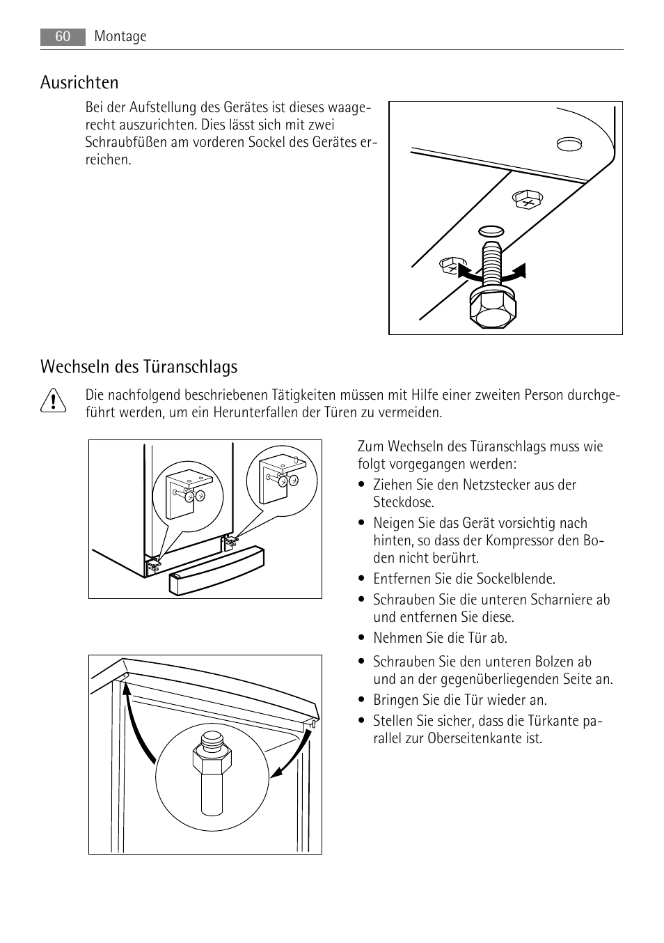 Ausrichten, Wechseln des türanschlags | AEG A51700GSW0 User Manual | Page 60 / 64