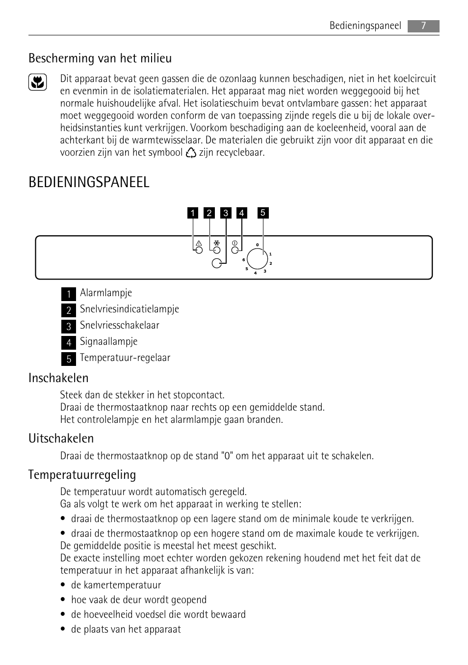 Bedieningspaneel, Bescherming van het milieu, Inschakelen | Uitschakelen, Temperatuurregeling | AEG A51700GSW0 User Manual | Page 7 / 64