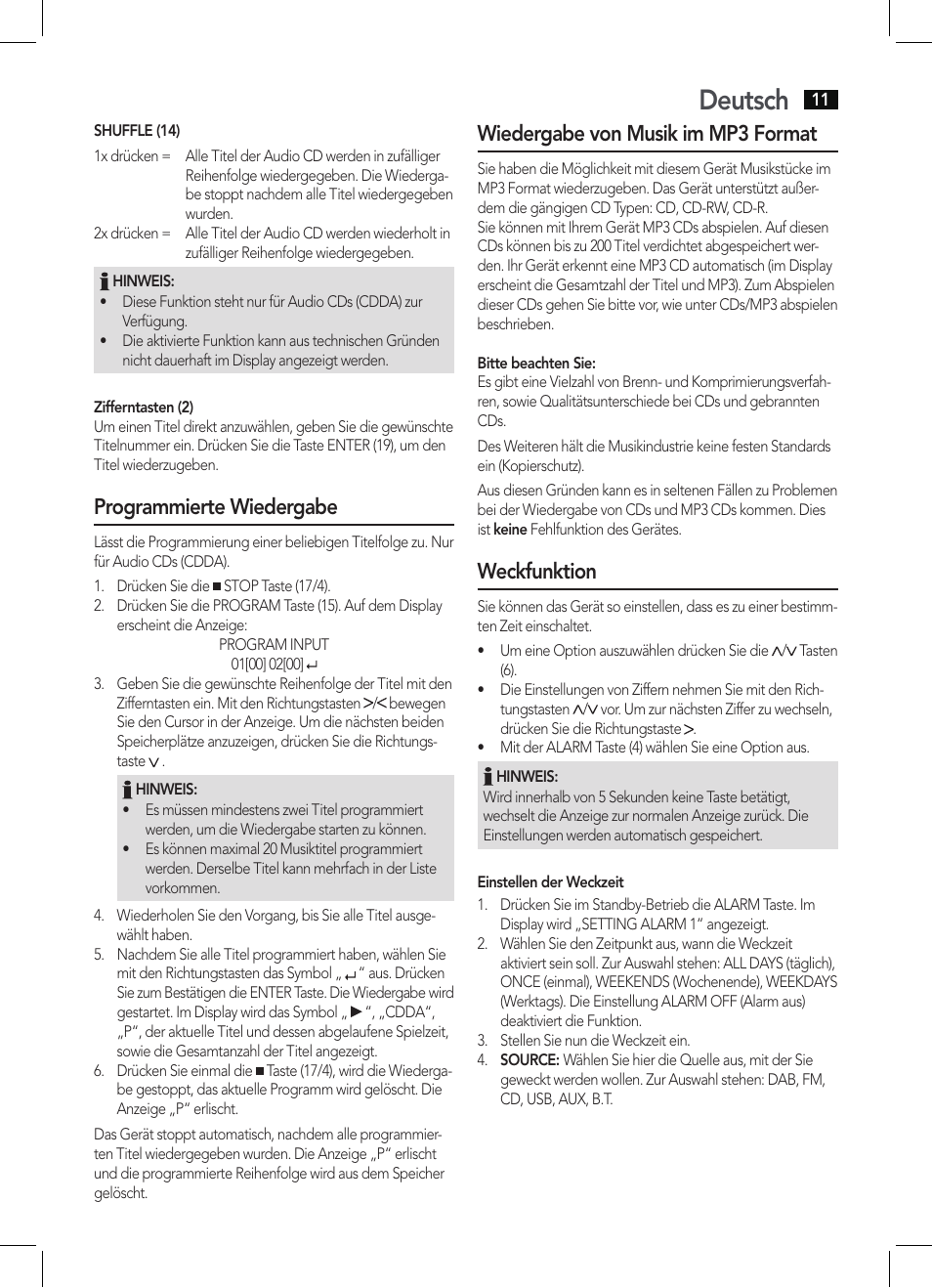 Deutsch, Programmierte wiedergabe, Wiedergabe von musik im mp3 format | Weckfunktion | AEG MC 4457 BT User Manual | Page 11 / 62