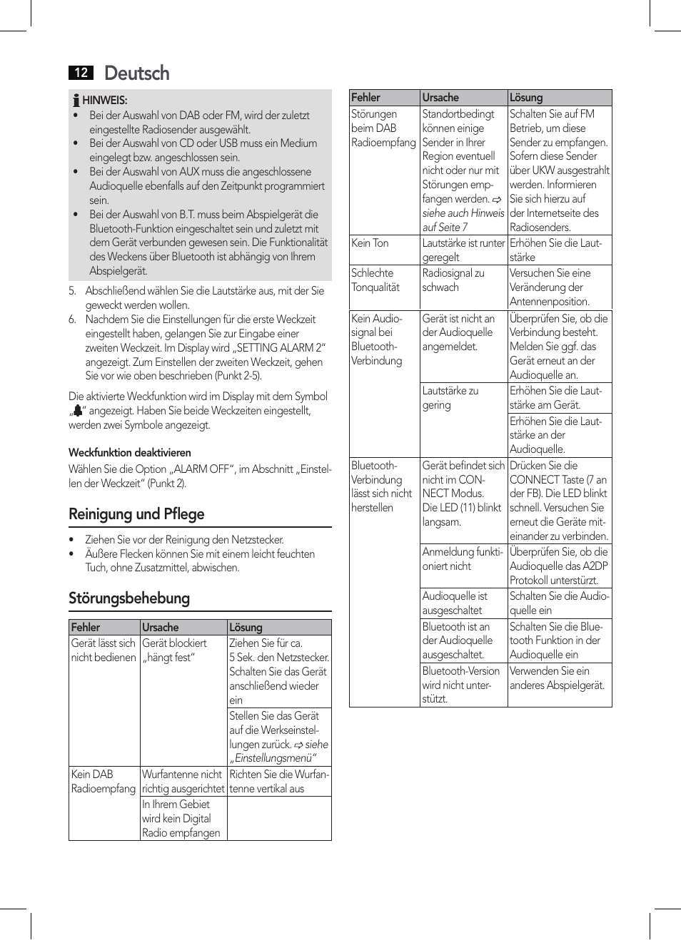 Deutsch, Reinigung und pflege, Störungsbehebung | AEG MC 4457 BT User Manual | Page 12 / 62