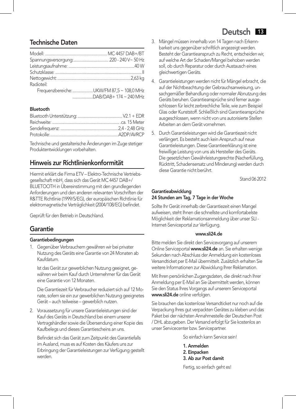 Deutsch, Technische daten, Hinweis zur richtlinienkonformität | Garantie | AEG MC 4457 BT User Manual | Page 13 / 62