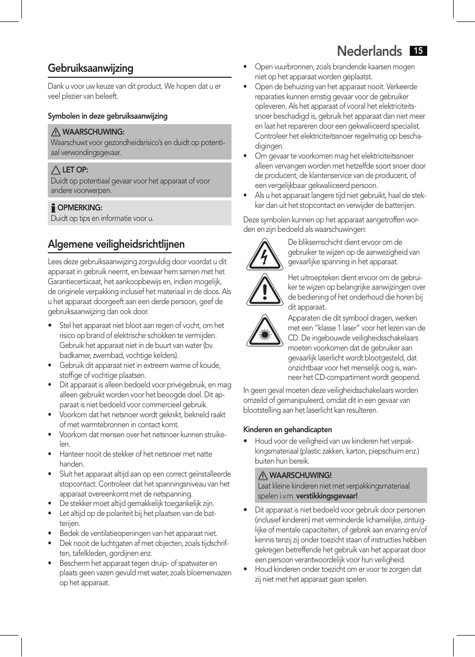 Nederlands, Gebruiksaanwijzing, Algemene veiligheidsrichtlijnen | AEG MC 4457 BT User Manual | Page 15 / 62