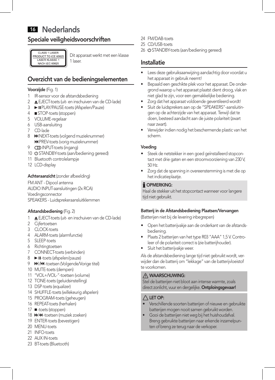 Nederlands, Speciale veiligheidsvoorschriften, Overzicht van de bedieningselementen | Installatie | AEG MC 4457 BT User Manual | Page 16 / 62