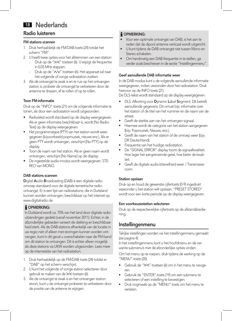 Nederlands, Radio luisteren, Instellingenmenu | AEG MC 4457 BT User Manual | Page 18 / 62