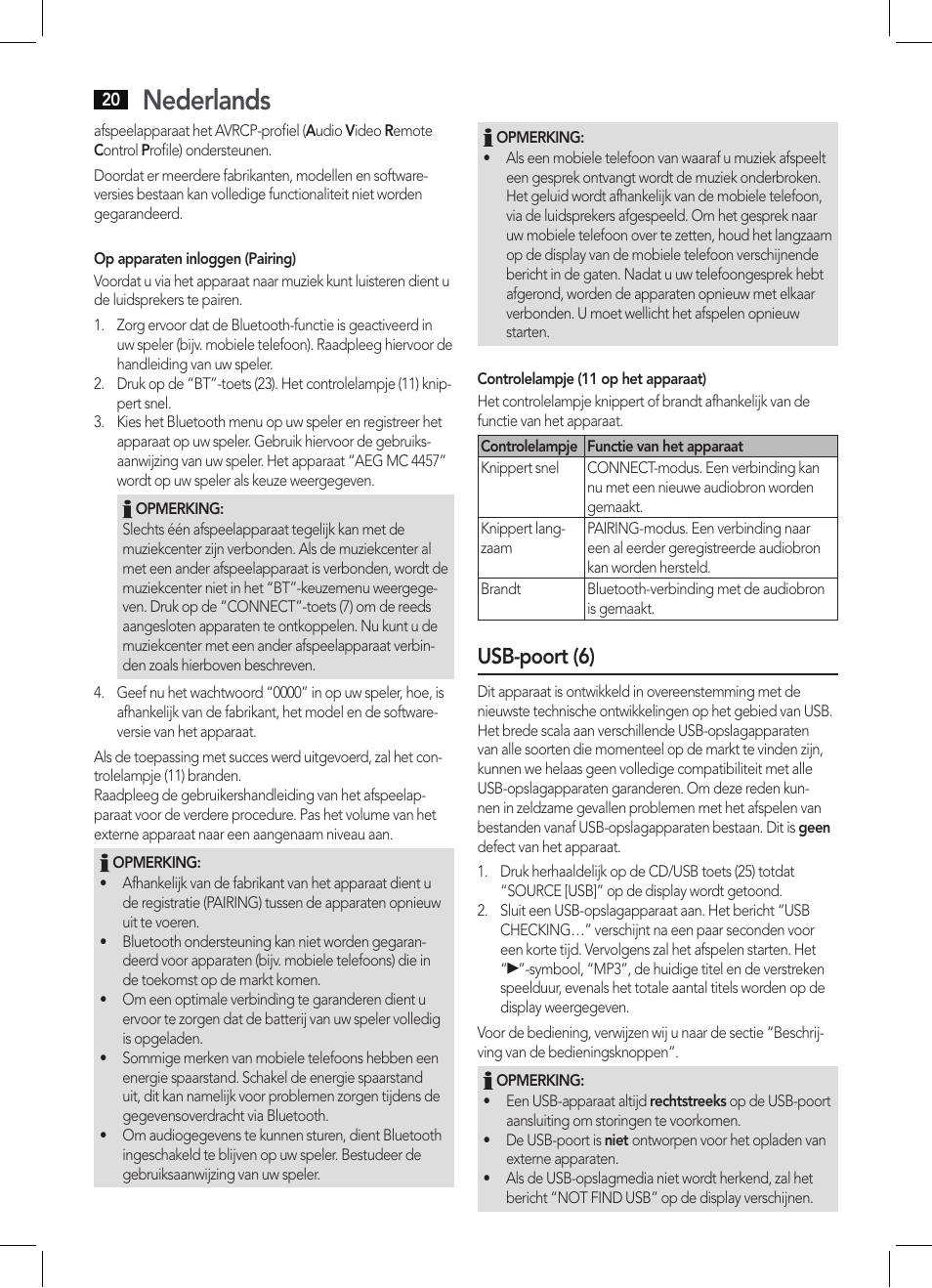 Nederlands, Usb-poort (6) | AEG MC 4457 BT User Manual | Page 20 / 62