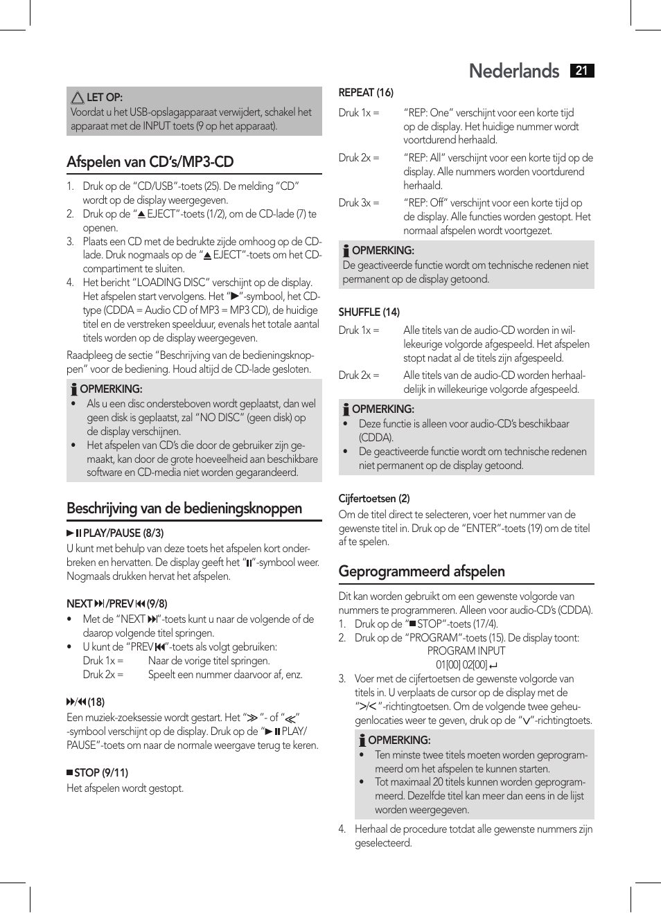 Nederlands, Afspelen van cd’s/mp3-cd, Beschrijving van de bedieningsknoppen | Geprogrammeerd afspelen | AEG MC 4457 BT User Manual | Page 21 / 62