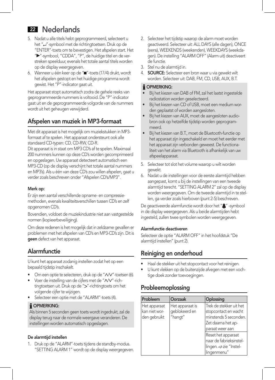 Nederlands, Afspelen van muziek in mp3-formaat, Alarmfunctie | Reiniging en onderhoud, Probleemoplossing | AEG MC 4457 BT User Manual | Page 22 / 62
