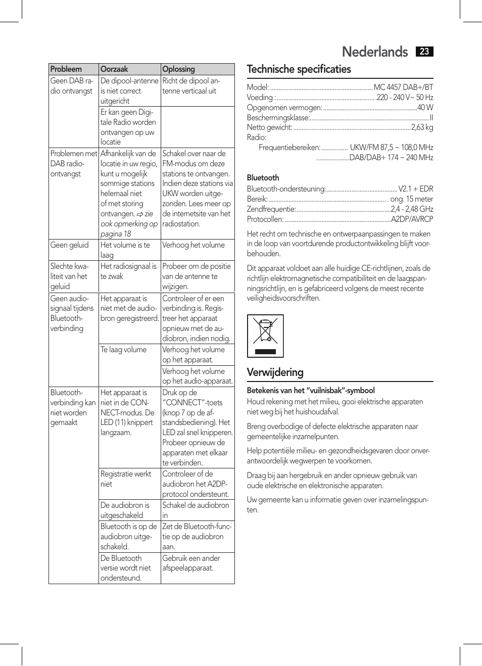 Nederlands, Technische specificaties, Verwijdering | AEG MC 4457 BT User Manual | Page 23 / 62