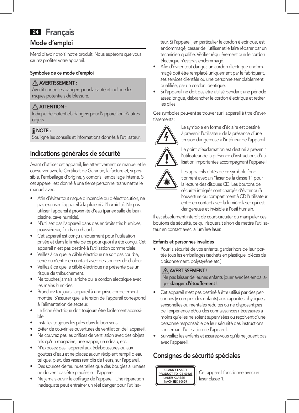 Français, Mode d’emploi, Indications générales de sécurité | Consignes de sécurité spéciales | AEG MC 4457 BT User Manual | Page 24 / 62