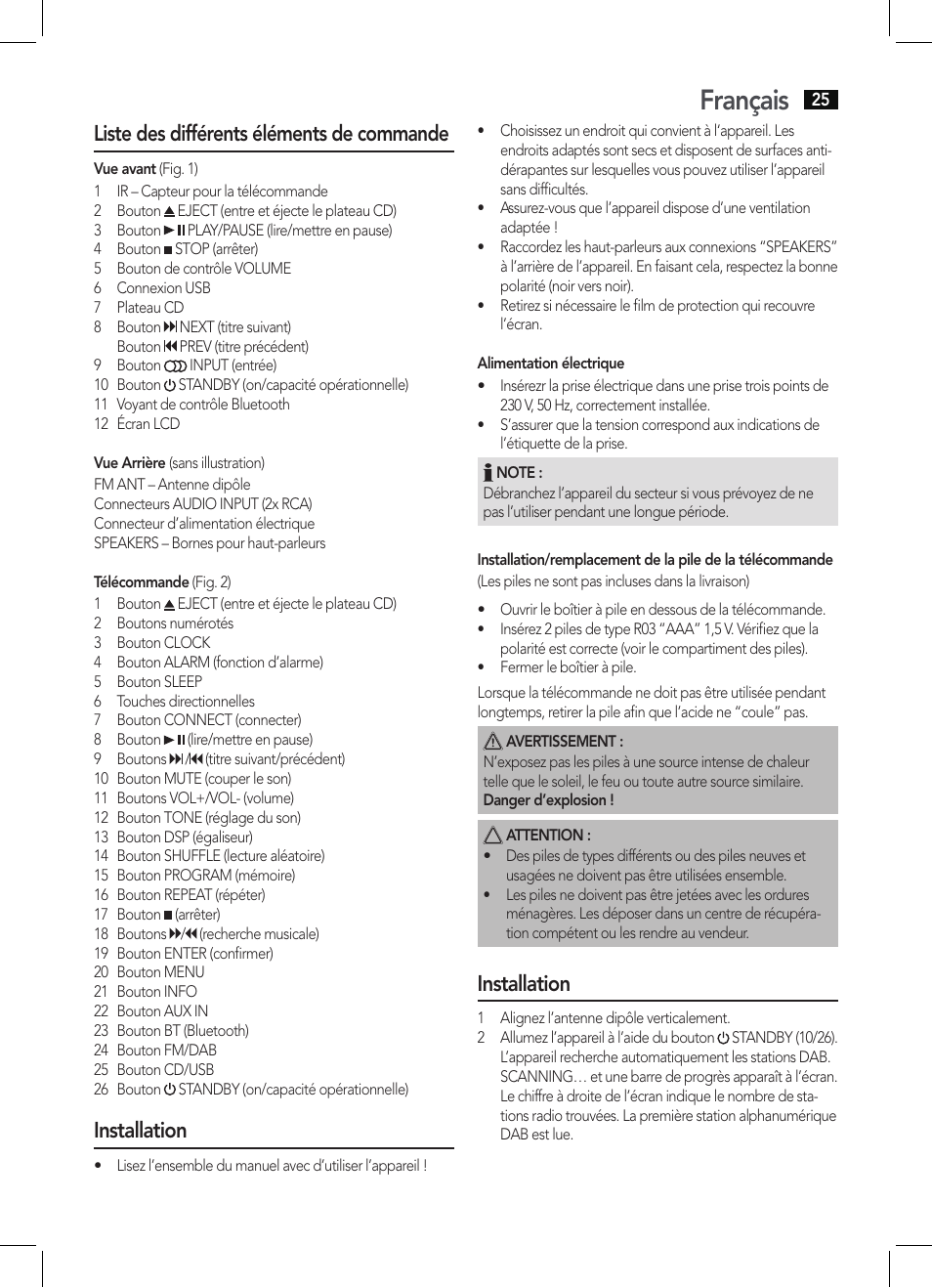 Français, Liste des différents éléments de commande, Installation | AEG MC 4457 BT User Manual | Page 25 / 62