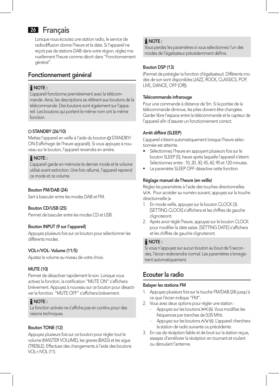 Français, Fonctionnement général, Ecouter la radio | AEG MC 4457 BT User Manual | Page 26 / 62