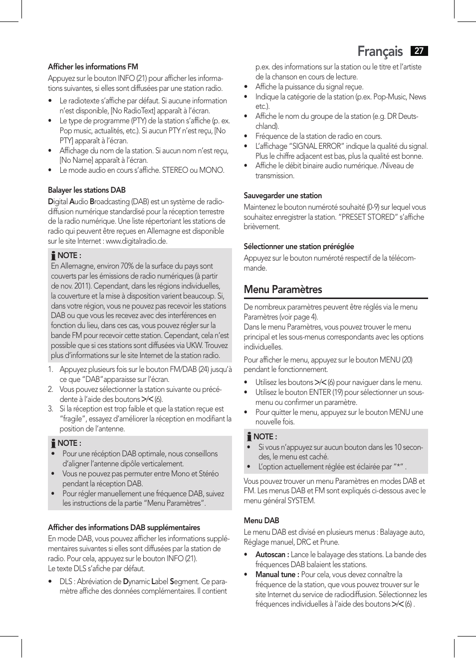 Français, Menu paramètres | AEG MC 4457 BT User Manual | Page 27 / 62