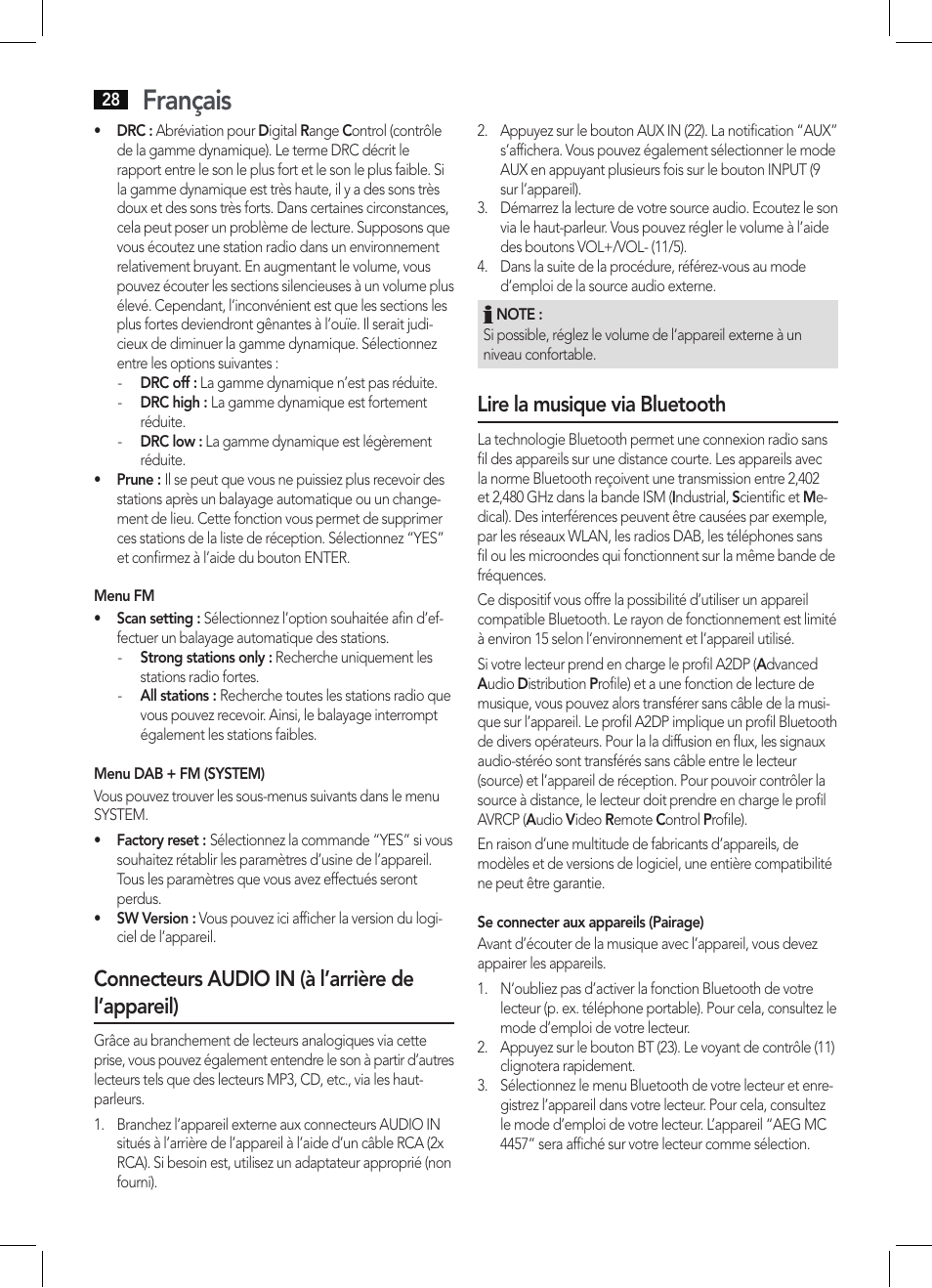 Français, Connecteurs audio in (à l’arrière de l’appareil), Lire la musique via bluetooth | AEG MC 4457 BT User Manual | Page 28 / 62