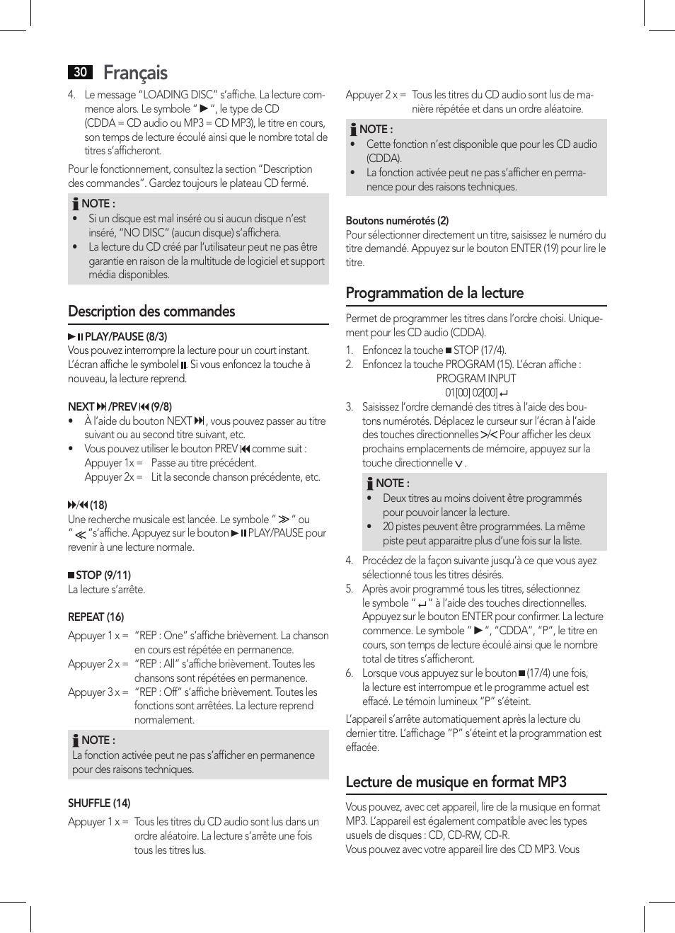 Français, Description des commandes, Programmation de la lecture | Lecture de musique en format mp3 | AEG MC 4457 BT User Manual | Page 30 / 62