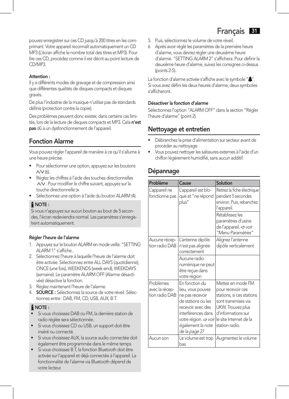 Français, Fonction alarme, Nettoyage et entretien | Dépannage | AEG MC 4457 BT User Manual | Page 31 / 62