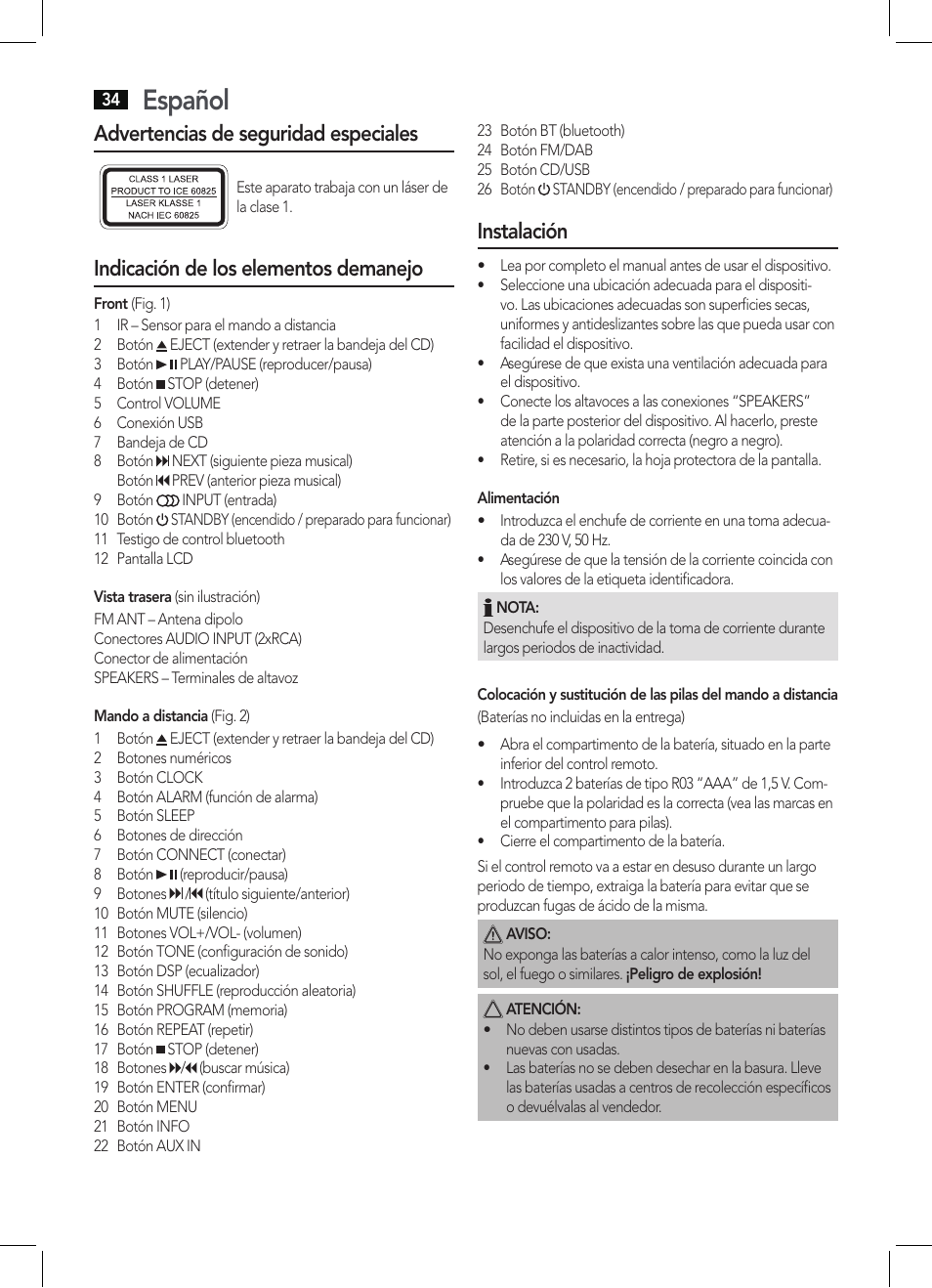 Español, Advertencias de seguridad especiales, Indicación de los elementos demanejo | Instalación | AEG MC 4457 BT User Manual | Page 34 / 62