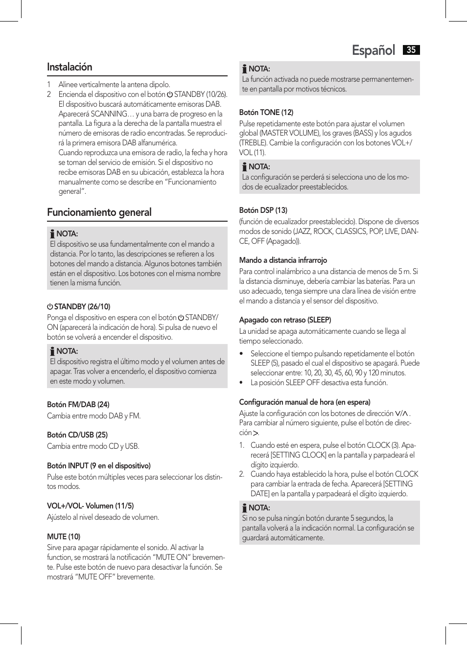 Español, Instalación, Funcionamiento general | AEG MC 4457 BT User Manual | Page 35 / 62