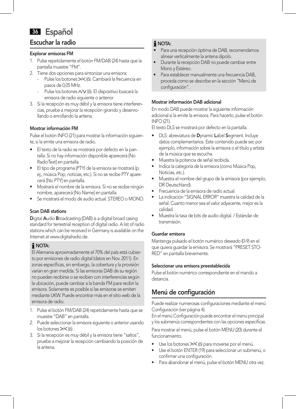 Español, Escuchar la radio, Menú de configuración | AEG MC 4457 BT User Manual | Page 36 / 62
