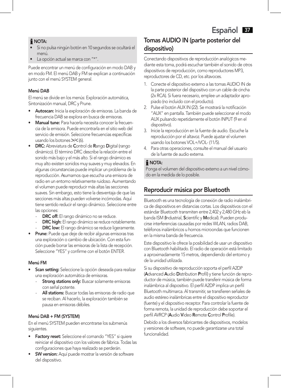 Español, Tomas audio in (parte posterior del dispositivo), Reproducir música por bluetooth | AEG MC 4457 BT User Manual | Page 37 / 62