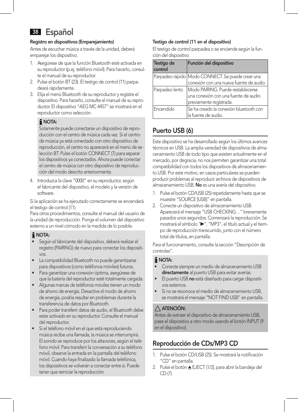 Español, Puerto usb (6), Reproducción de cds/mp3 cd | AEG MC 4457 BT User Manual | Page 38 / 62