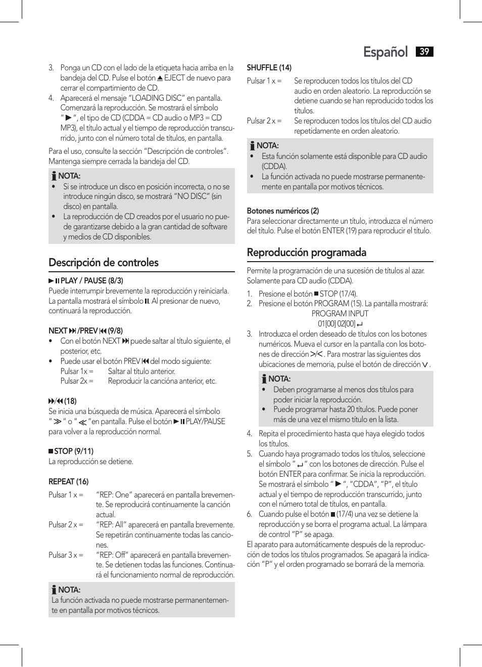 Español, Descripción de controles, Reproducción programada | AEG MC 4457 BT User Manual | Page 39 / 62