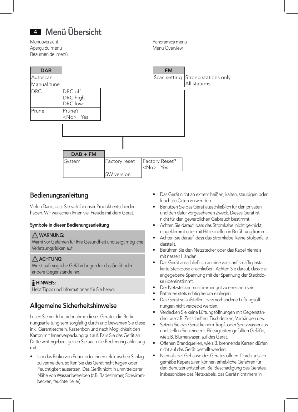 Menü übersicht, Bedienungsanleitung, Allgemeine sicherheitshinweise | AEG MC 4457 BT User Manual | Page 4 / 62