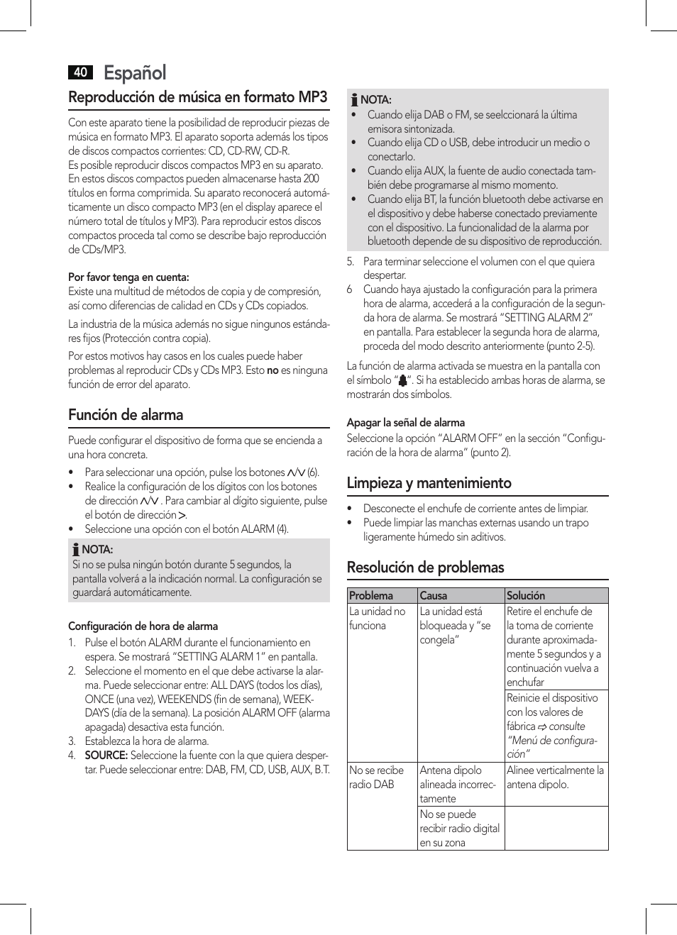 Español, Reproducción de música en formato mp3, Función de alarma | Limpieza y mantenimiento, Resolución de problemas | AEG MC 4457 BT User Manual | Page 40 / 62