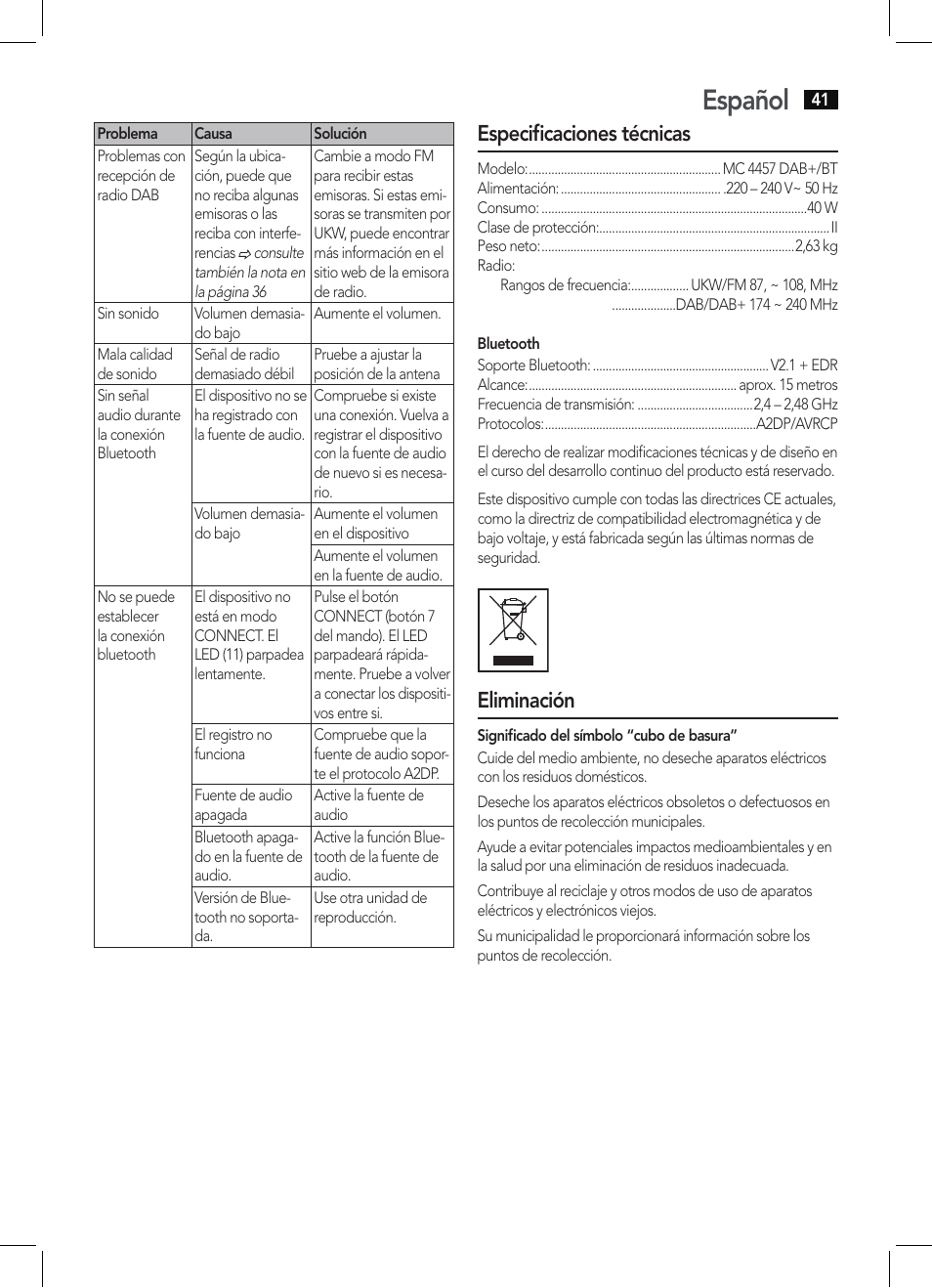 Español, Especificaciones técnicas, Eliminación | AEG MC 4457 BT User Manual | Page 41 / 62