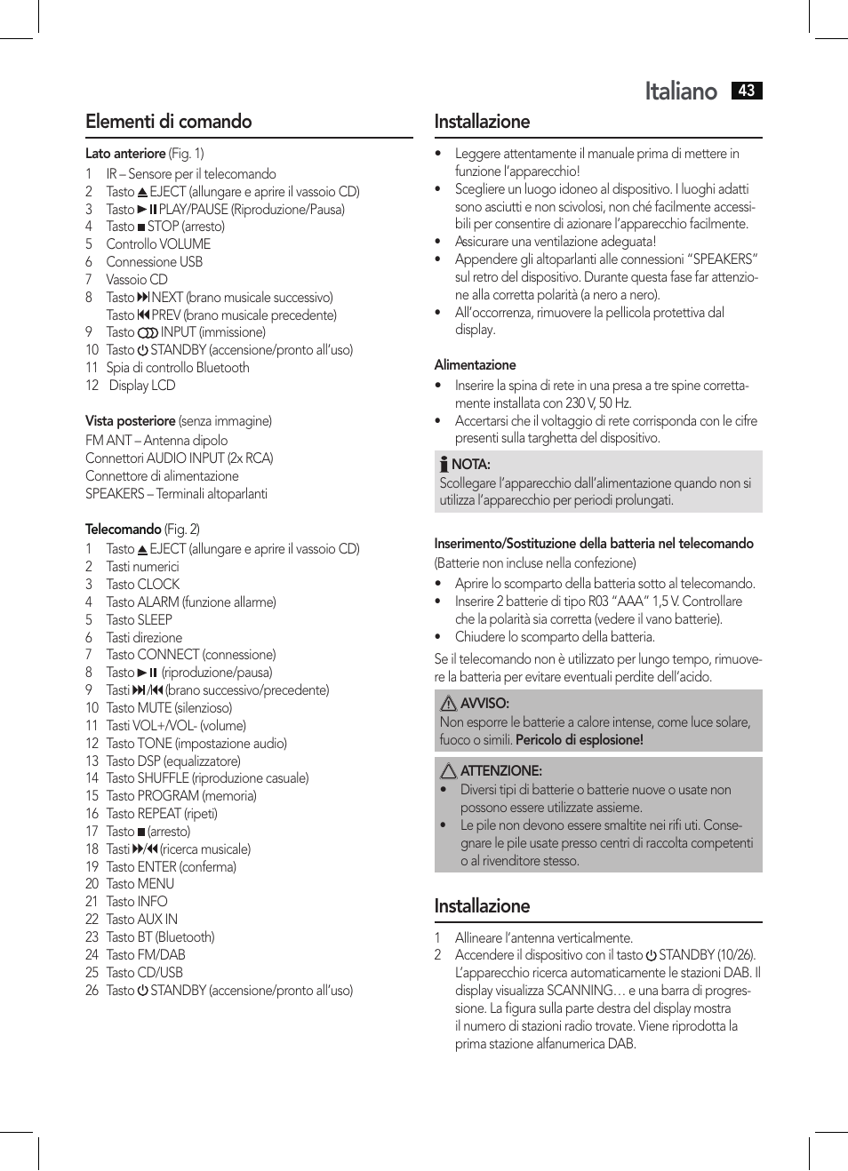 Italiano, Elementi di comando, Installazione | AEG MC 4457 BT User Manual | Page 43 / 62