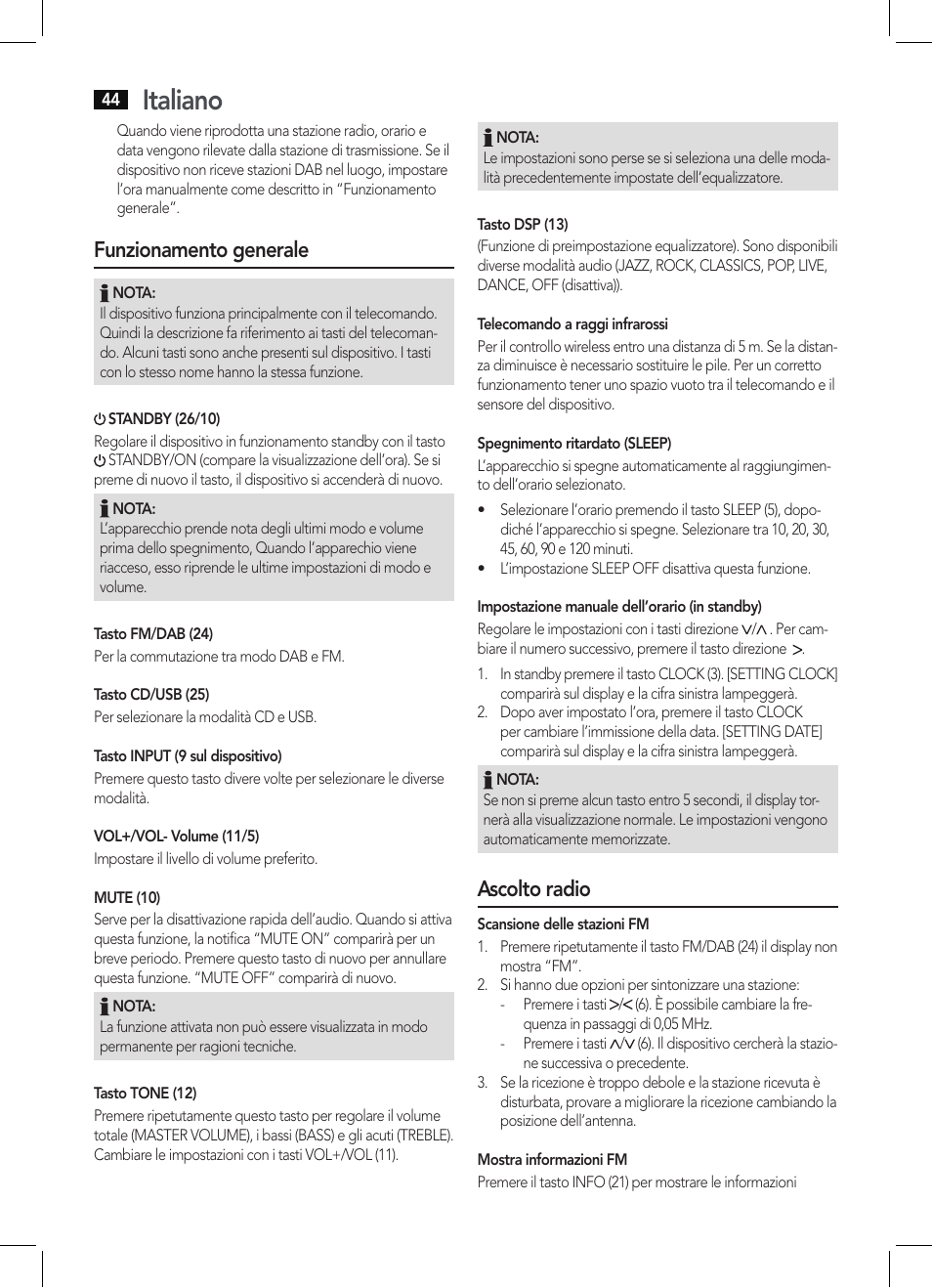 Italiano, Funzionamento generale, Ascolto radio | AEG MC 4457 BT User Manual | Page 44 / 62