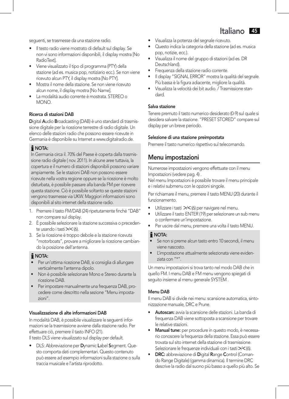 Italiano, Menu impostazioni | AEG MC 4457 BT User Manual | Page 45 / 62