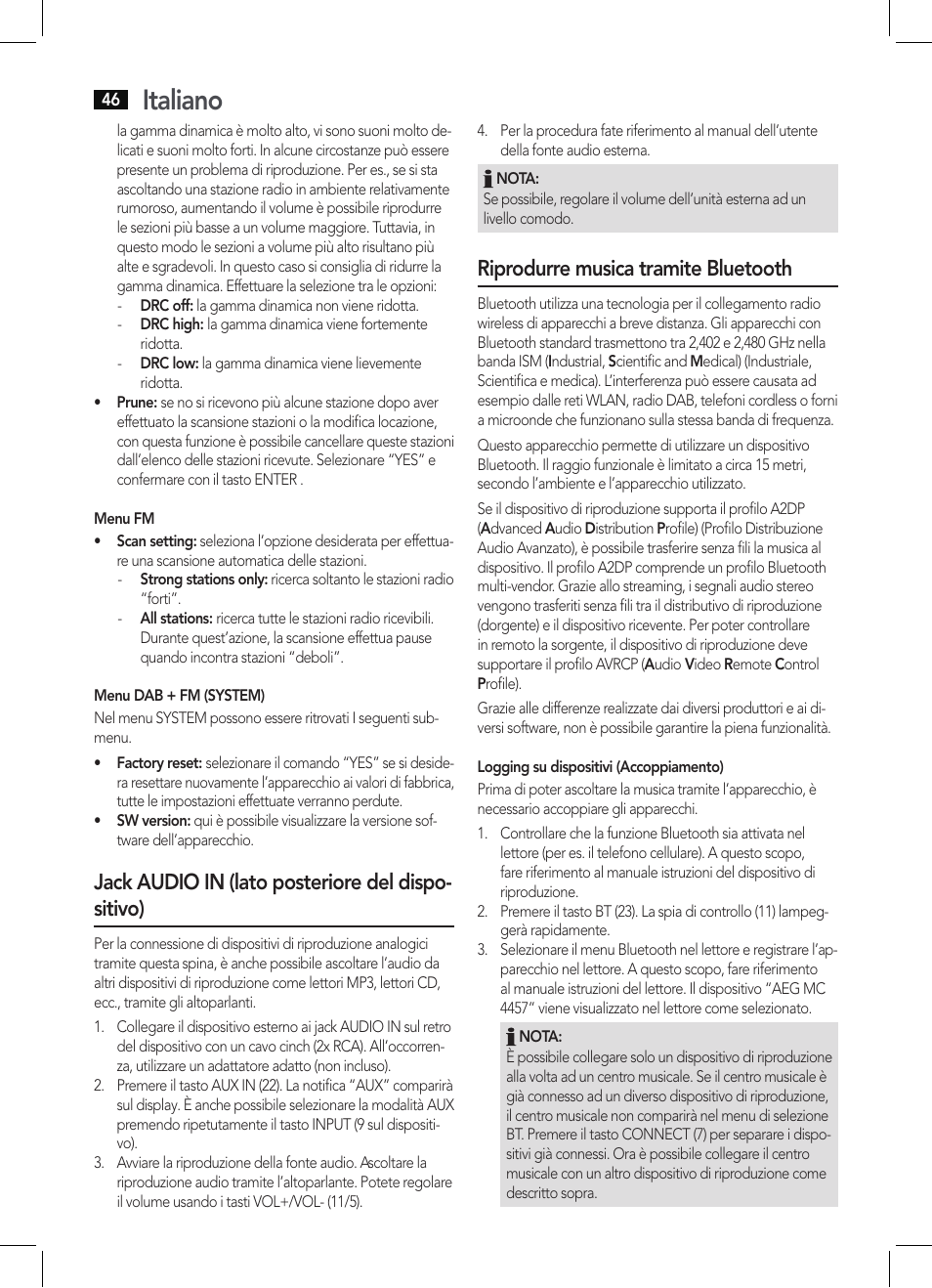 Italiano, Jack audio in (lato posteriore del dispo- sitivo), Riprodurre musica tramite bluetooth | AEG MC 4457 BT User Manual | Page 46 / 62