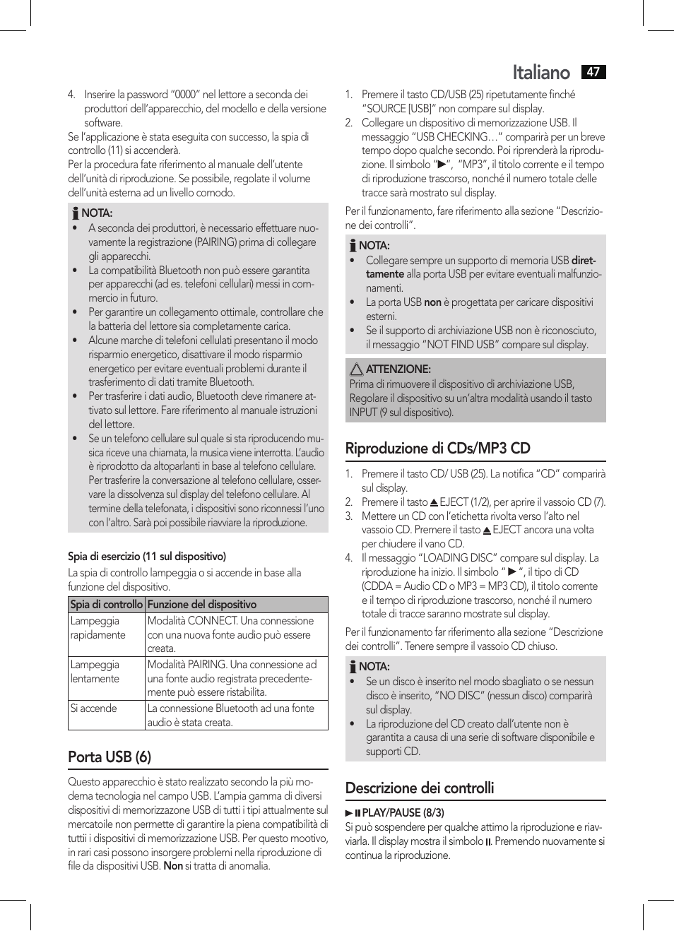 Italiano, Porta usb (6), Riproduzione di cds/mp3 cd | Descrizione dei controlli | AEG MC 4457 BT User Manual | Page 47 / 62