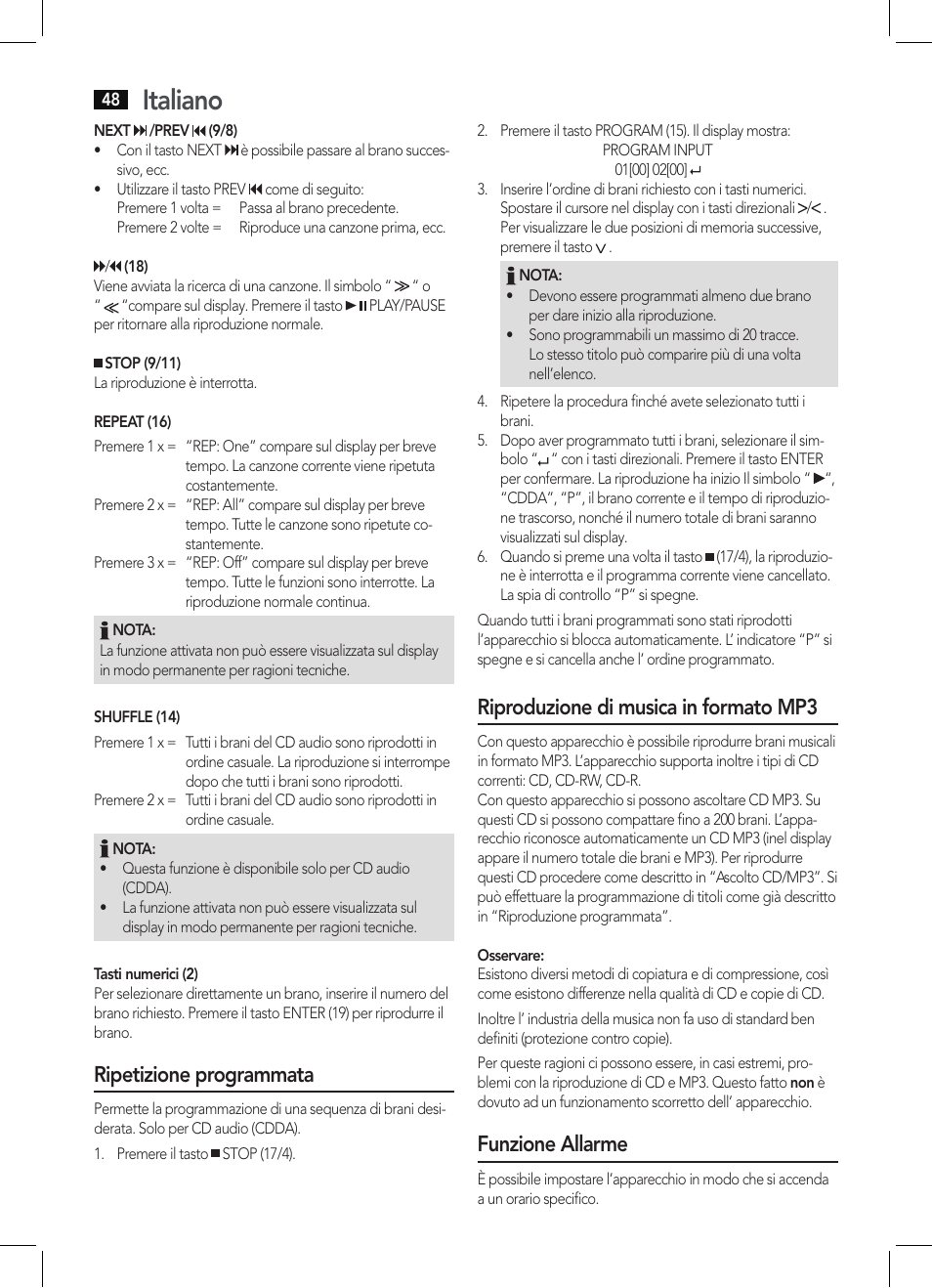 Italiano, Ripetizione programmata, Riproduzione di musica in formato mp3 | Funzione allarme | AEG MC 4457 BT User Manual | Page 48 / 62