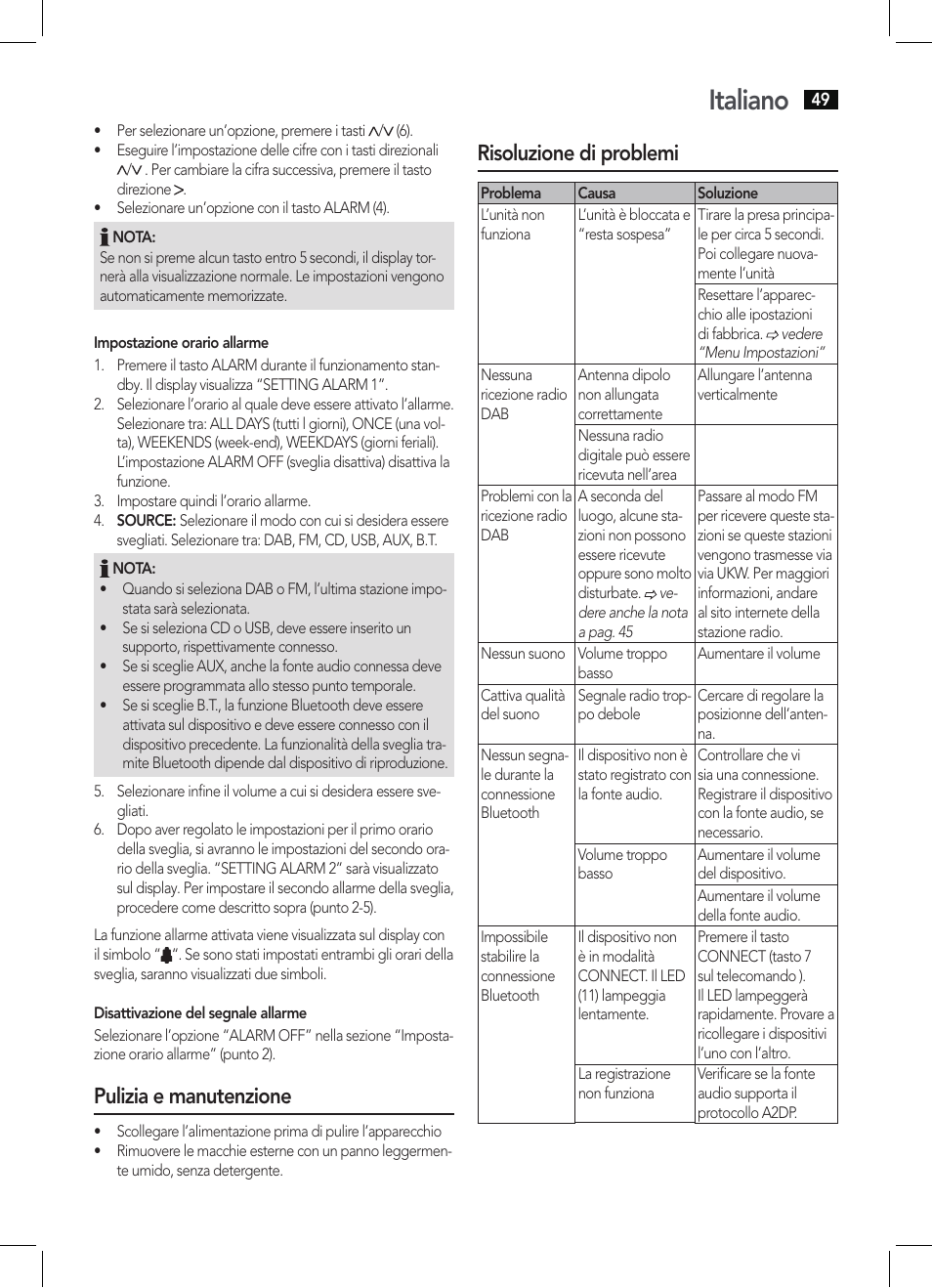 Italiano, Pulizia e manutenzione, Risoluzione di problemi | AEG MC 4457 BT User Manual | Page 49 / 62
