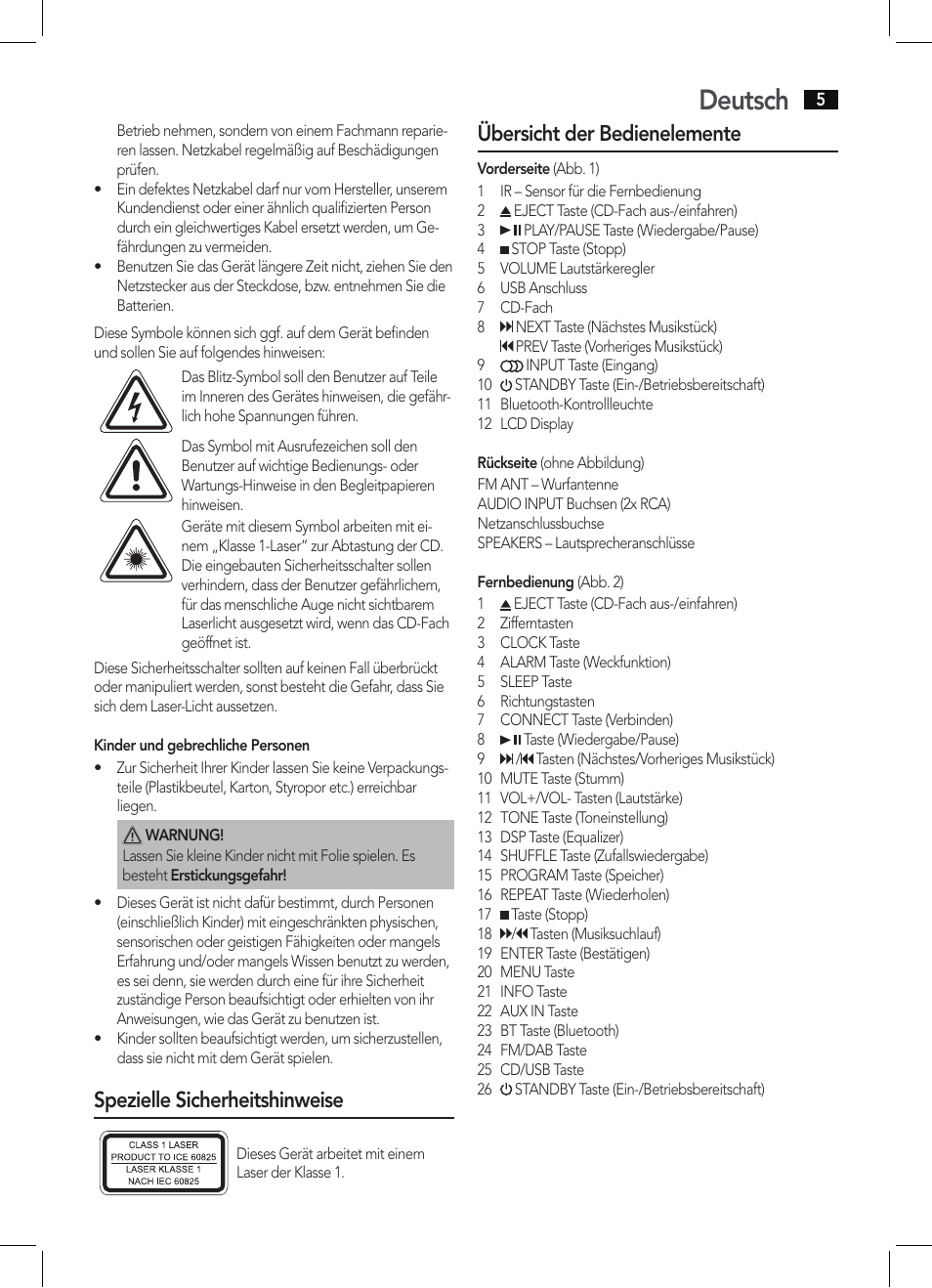 Deutsch, Spezielle sicherheitshinweise, Übersicht der bedienelemente | AEG MC 4457 BT User Manual | Page 5 / 62