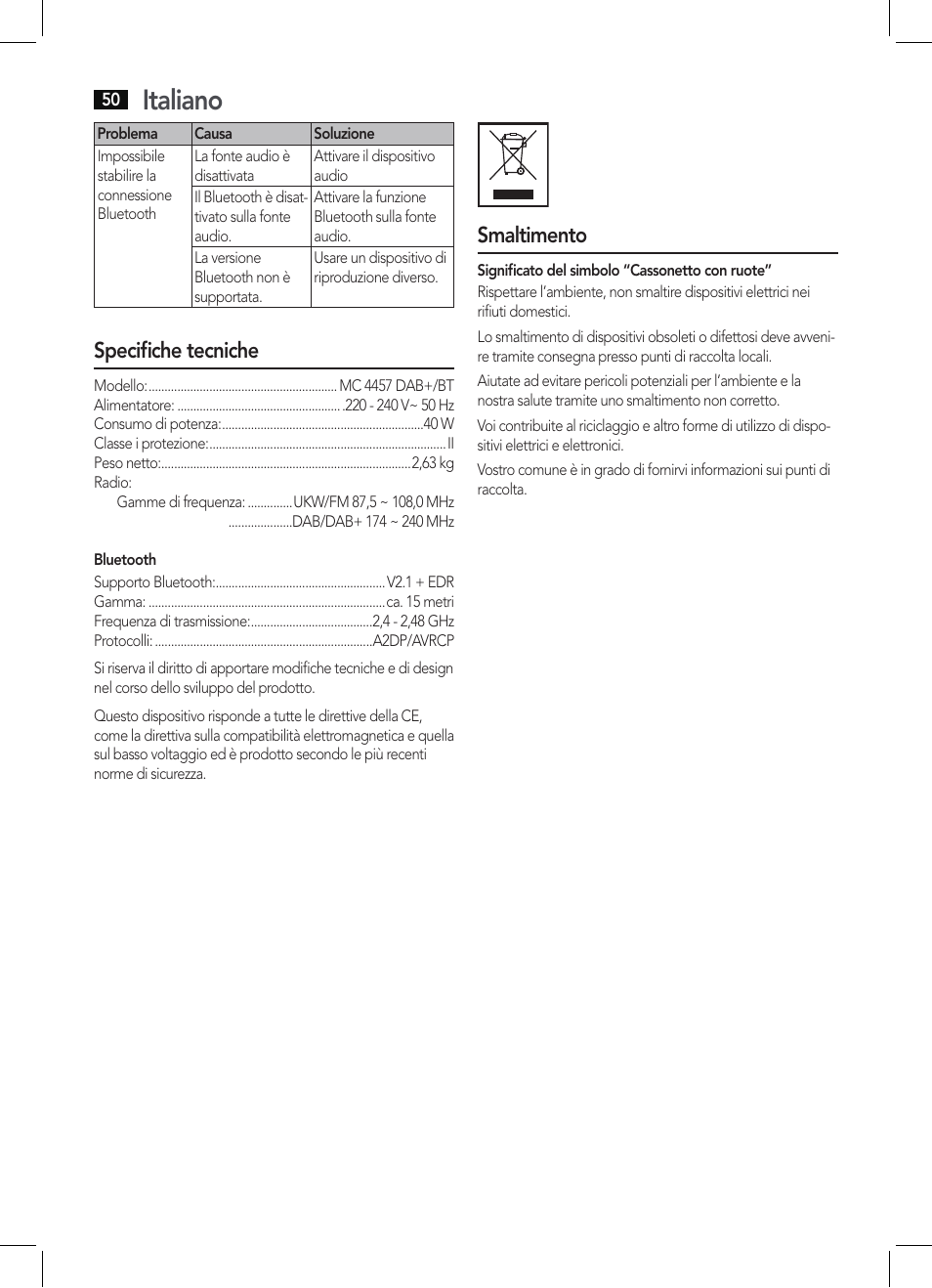 Italiano, Specifiche tecniche, Smaltimento | AEG MC 4457 BT User Manual | Page 50 / 62